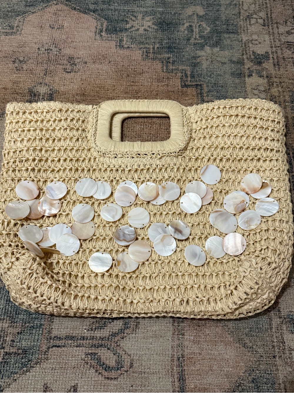 Woven Straw Clutch with Mother-of-Pearl Accents - Natural